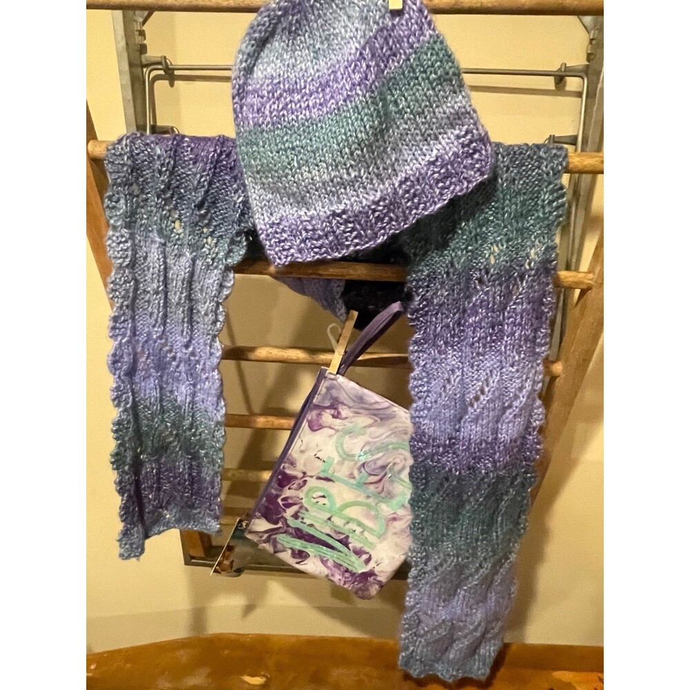 Ombre purple handknitted hat and scarf and bag